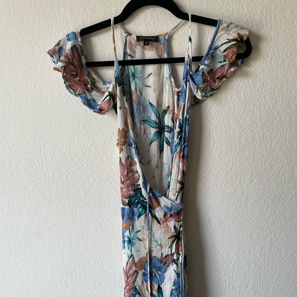 Wrap off shoulder vacation print dress (S)